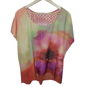 Womens XXL Watercolor Floral Crochet Lace Back Boxy Dolman Sleeve Top Coral